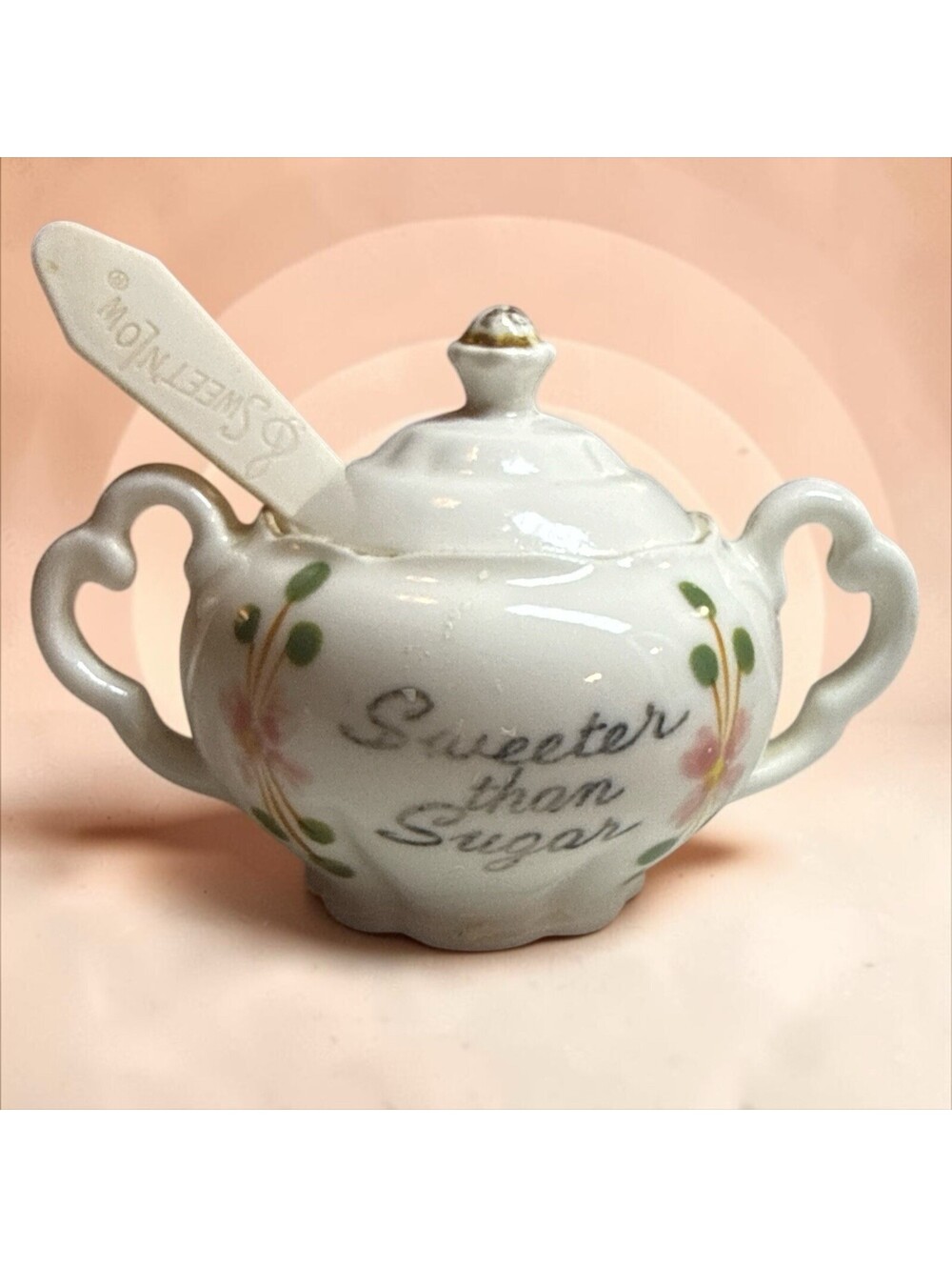 Sweeter Than Sugar Miniature Bone China Sugar Bowl with Lid and Plastic Spoon